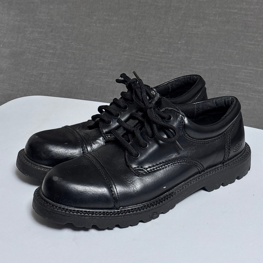 Vintage Skechers Shoes 8 Black Leather Chunky Cap Toe Lug Sole Oxfords y2k Lace